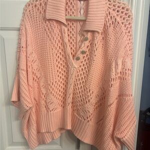 Free People Pink V-Neck Sweater with Intricate Knit